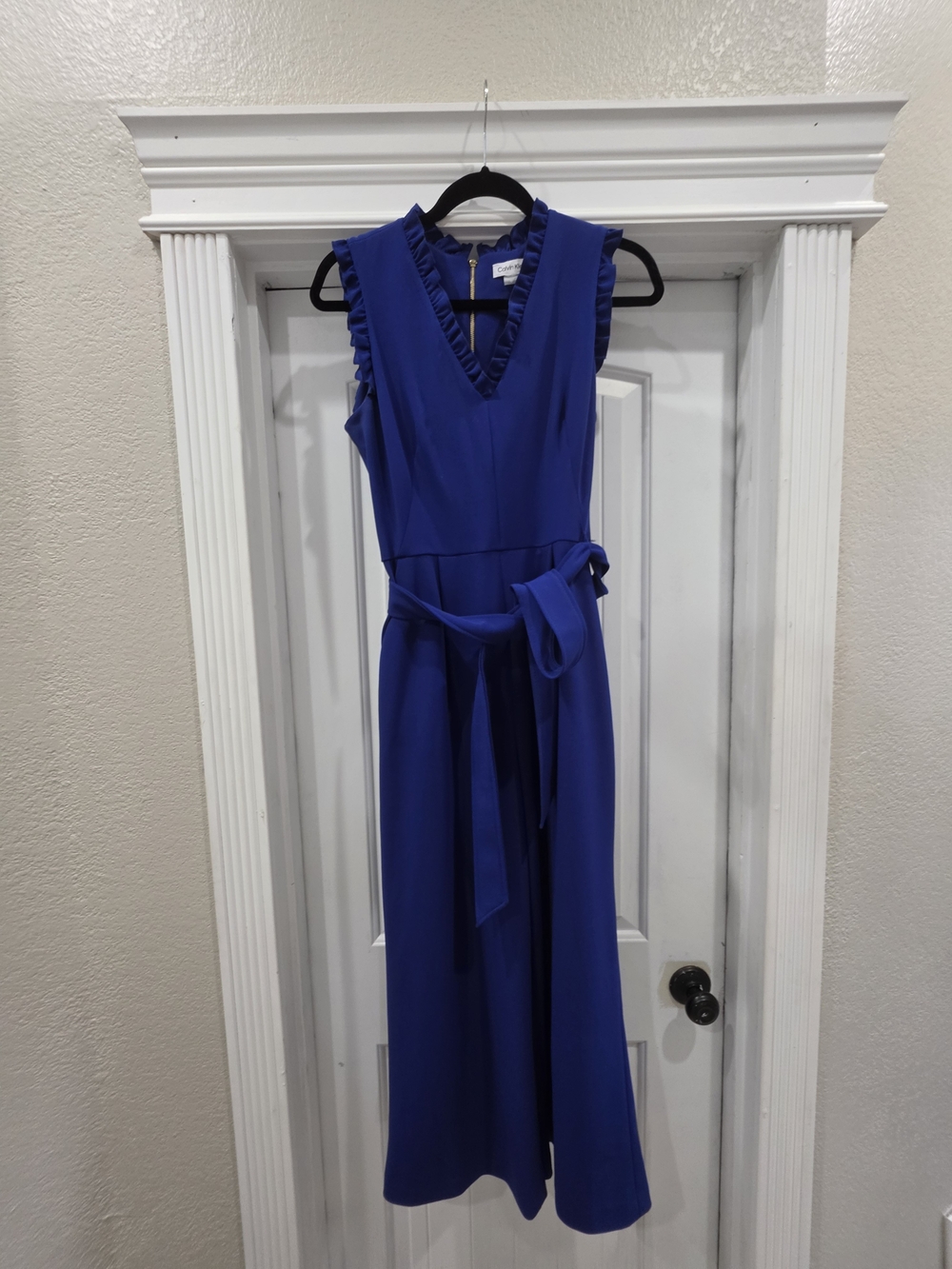 Calvin Klein Royal Blue Ruffle Neck Wide-Leg Jumpsuit NWOT Belted Size 10